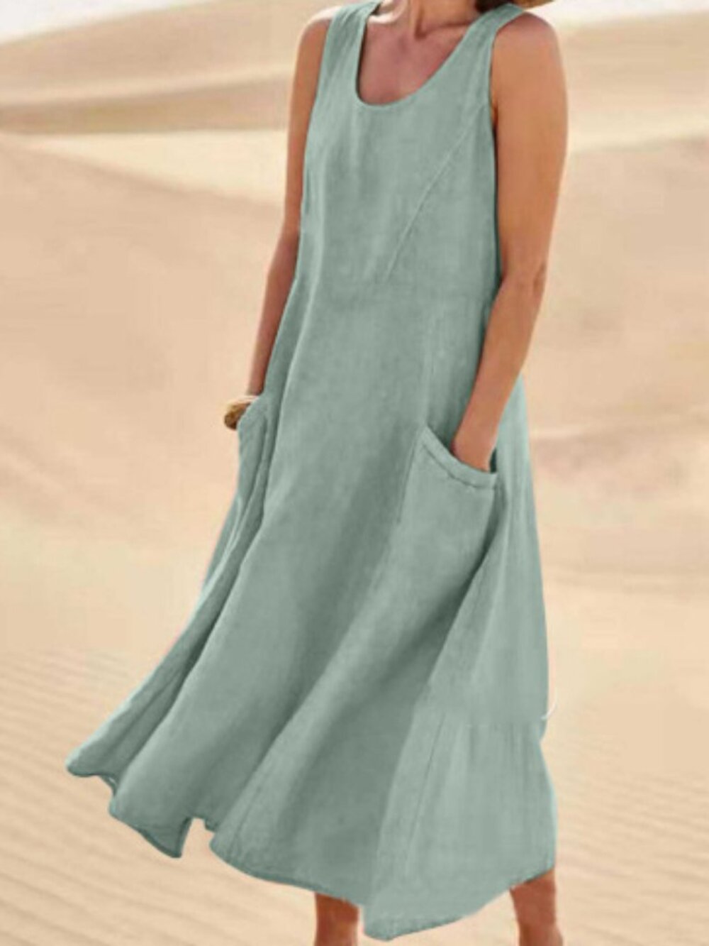 Green Sleeveless A-Line Maxi Dress with Pockets